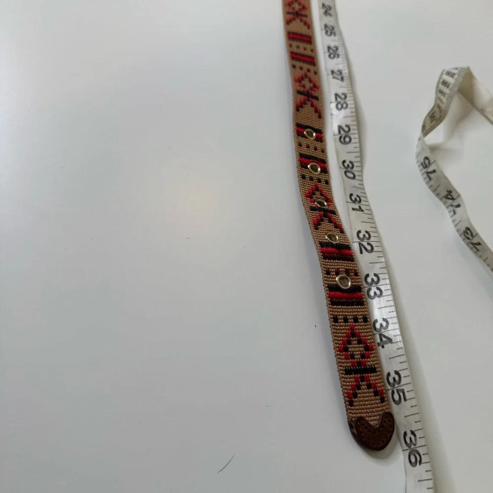 J CREW woven tapestry leather belt, Tan, Black, Red Southwestern Style size XS